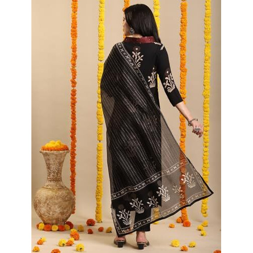 Gosriki Women's Rayon Blend Straight Printed Kurta With Pant & Dupatta (Jimny Black-Vks03-Gs_S_Black_Small)
