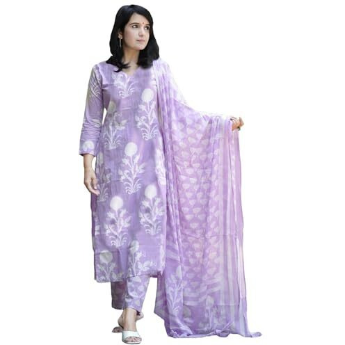 Gosriki Women's Cotton Blend Printed Straight Kurta With Pant & Dupatta (Zuri Purple-Vks01-Gs_L_Purple_Large)