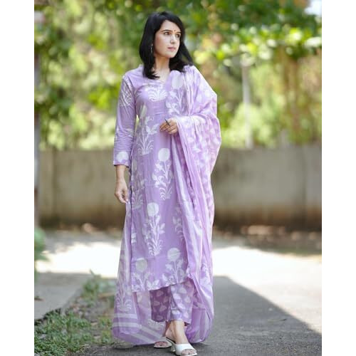 Gosriki Women's Cotton Blend Printed Straight Kurta With Pant & Dupatta (Zuri Purple-Vks01-Gs_L_Purple_Large)