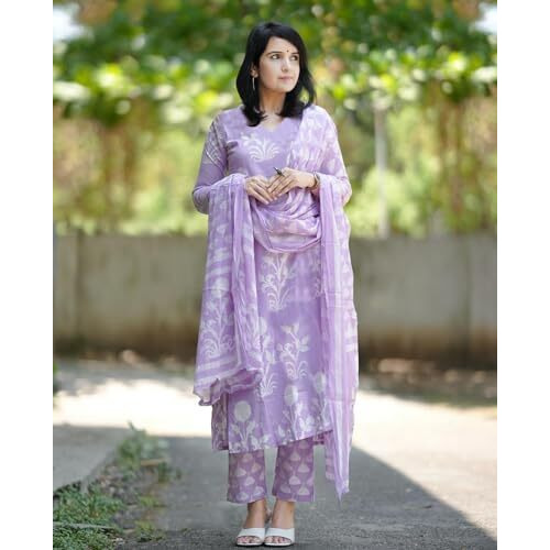 Gosriki Women's Cotton Blend Printed Straight Kurta With Pant & Dupatta (Zuri Purple-Vks01-Gs_L_Purple_Large)