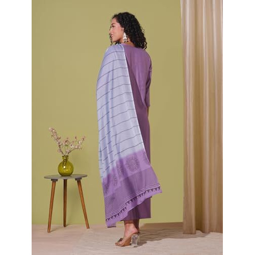 Gosriki Women's Rayon Viscose Solid Straight Kurta With Pant & Dupatta (Paradise Purple-Vks01-Gs_Xl_Purple_X-Large)