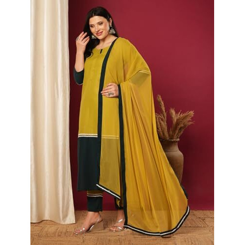Gosriki Women's Rayon Viscose Straight Solid Kurta With Pant & Dupatta (Panai Mehandi-Vks03-Gs_Xl_Mehandi_X-Large)