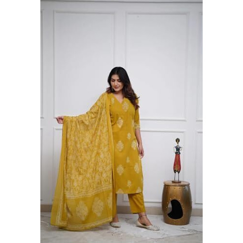 Gosriki Women's Rayon Viscose Straight Printed Kurta With Pant & Dupatta (Kanisha Mustard-Vks01-Gs_Xl_Mustard_X-Large)