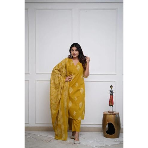 Gosriki Women's Rayon Viscose Straight Printed Kurta With Pant & Dupatta (Kanisha Mustard-Vks01-Gs_Xl_Mustard_X-Large)