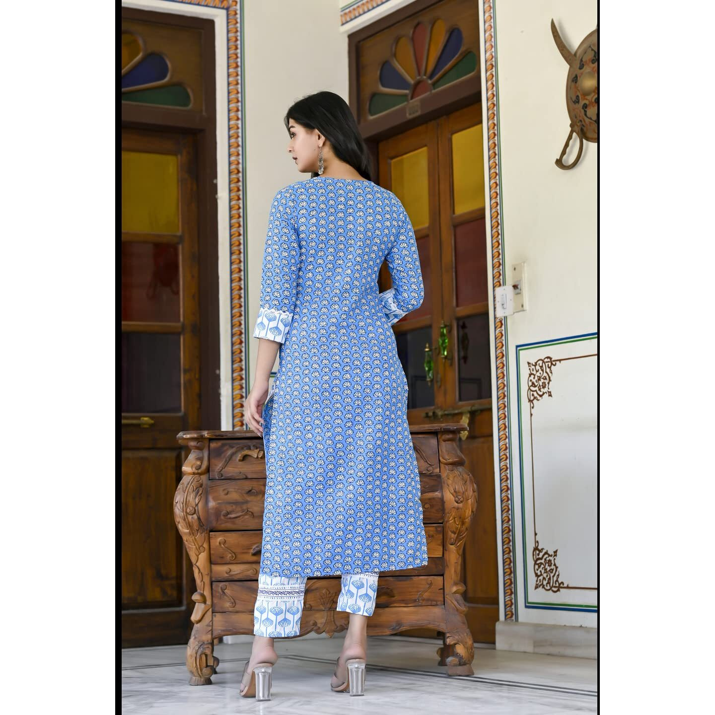 Gosriki Women's Cotton Blend Printed Straight Kurta With Pant & Dupatta (Sky Bird-Blue-Cmd-Gs_S_Blue_Small)