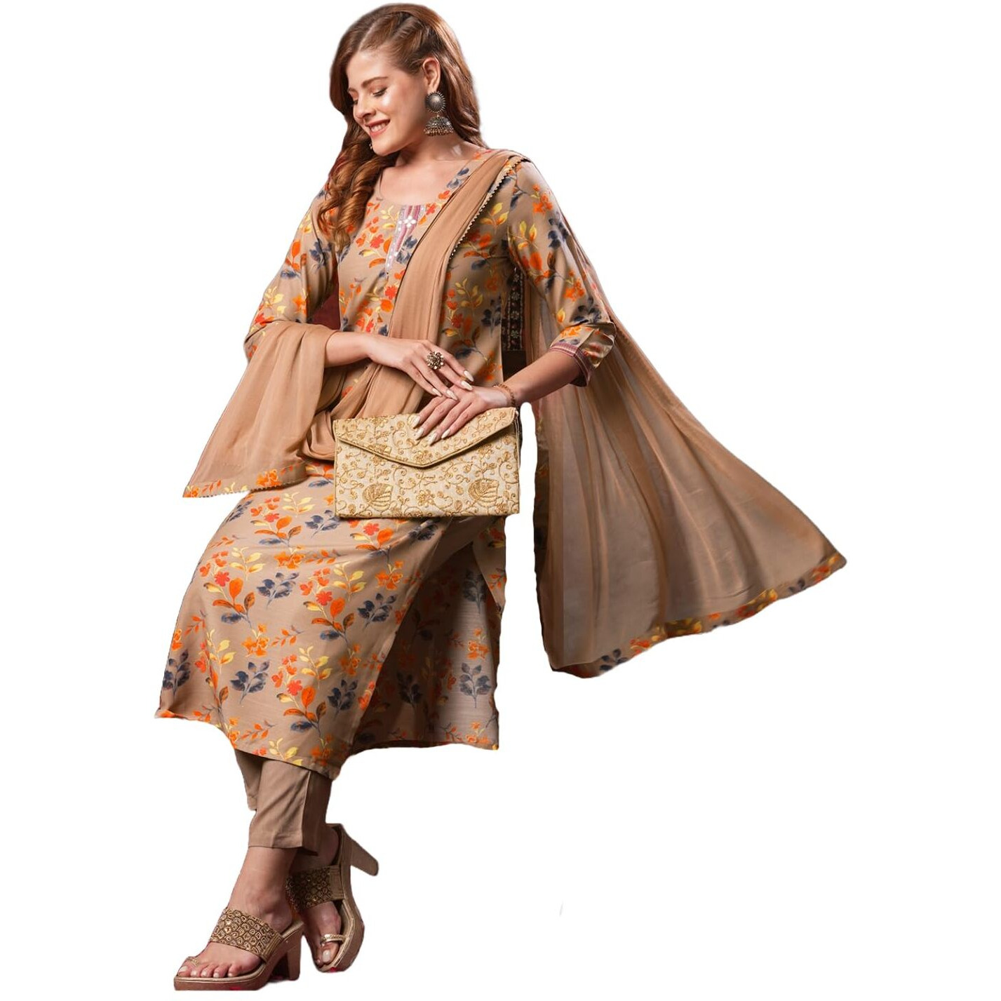 Gosriki Women's Cotton Blend Printed Straight Kurta And Pant With Dupatta (Kaleping-Cream-Gs_M_Cream_Medium)