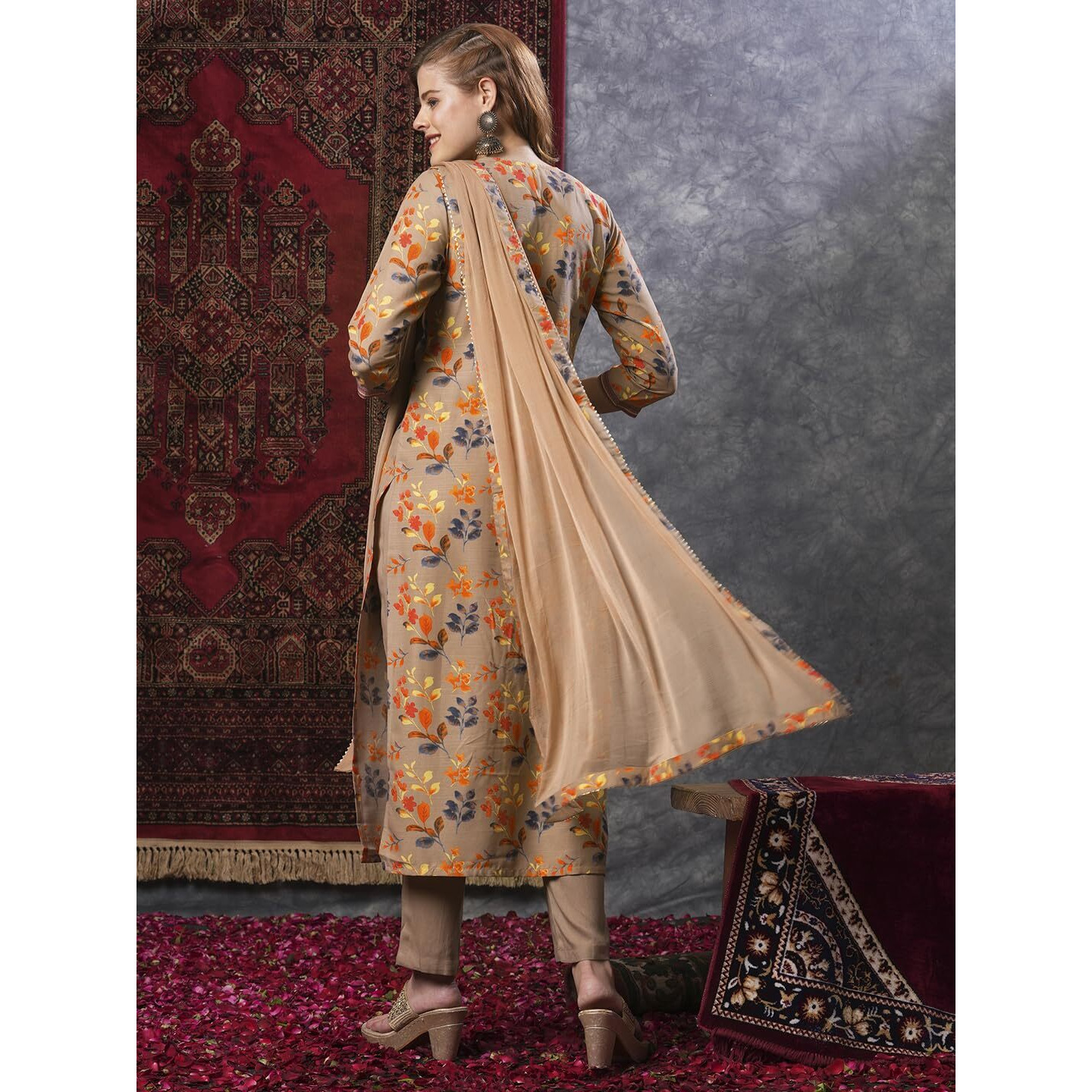 Gosriki Women's Cotton Blend Printed Straight Kurta And Pant With Dupatta (Kaleping-Cream-Gs_M_Cream_Medium)