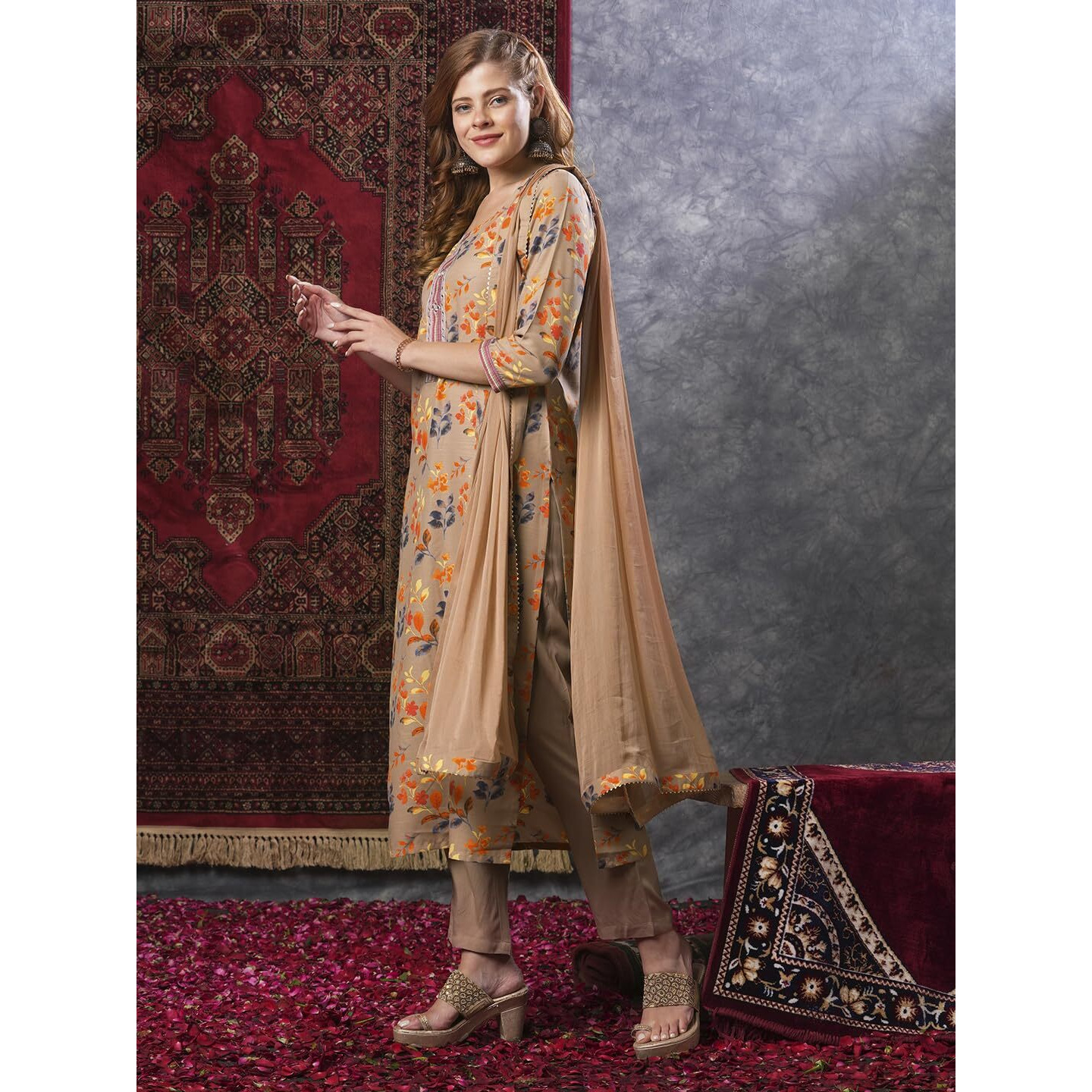 Gosriki Women's Cotton Blend Printed Straight Kurta And Pant With Dupatta (Kaleping-Cream-Gs_M_Cream_Medium)