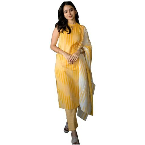 Gosriki Women's Rayon Viscose Straight Printed Kurta With Pant & Dupatta (Dabiman Yellow-Vks01-Gs_S_Yellow_Small)