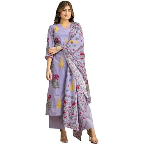 Gosriki Women's Rayon Viscose Printed Straight Kurta With Pant & Dupatta (Dhariti Lavender-Gs_M_Lavender_Medium)
