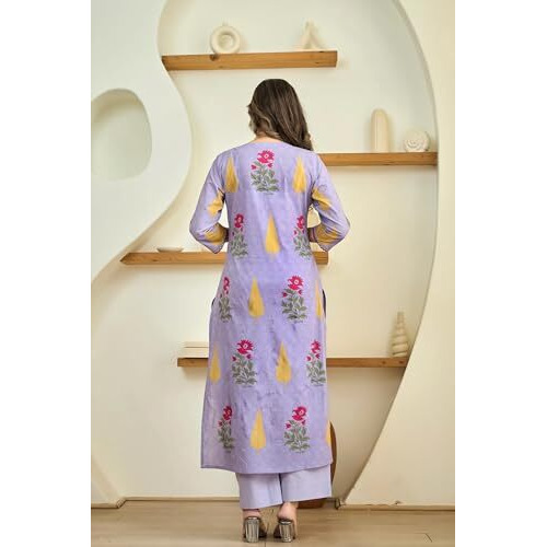 Gosriki Women's Rayon Viscose Printed Straight Kurta With Pant & Dupatta (Dhariti Lavender-Gs_M_Lavender_Medium)