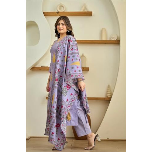 Gosriki Women's Rayon Viscose Printed Straight Kurta With Pant & Dupatta (Dhariti Lavender-Gs_M_Lavender_Medium)