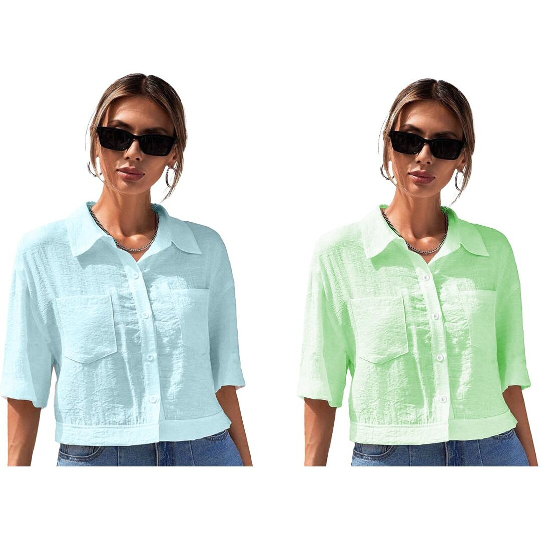 Toplot Shirt For Women || V-Collar Solid Crop For Woman || Half Sleeves For Women || Oversized Shirt For Woman (V-Crop-Shirt-5183-5183-Pista-Sky-Xl)