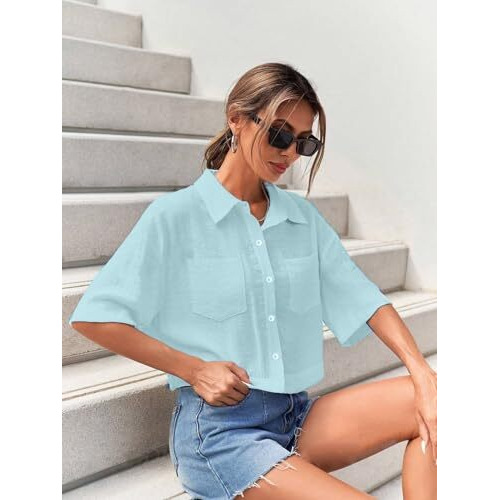 Toplot Shirt For Women || V-Collar Solid Crop For Woman || Half Sleeves For Women || Oversized Shirt For Woman (V-Crop-Shirt-5183-5183-Pista-Sky-Xl)