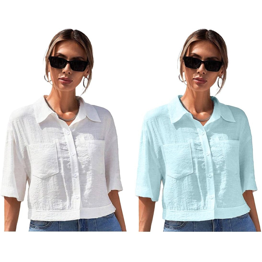Toplot Shirt For Women || V-Collar Solid Crop For Woman || Half Sleeves For Women || Oversized Shirt For Woman (V-Crop-Shirt-5183-5183-Sky-White-Xs)