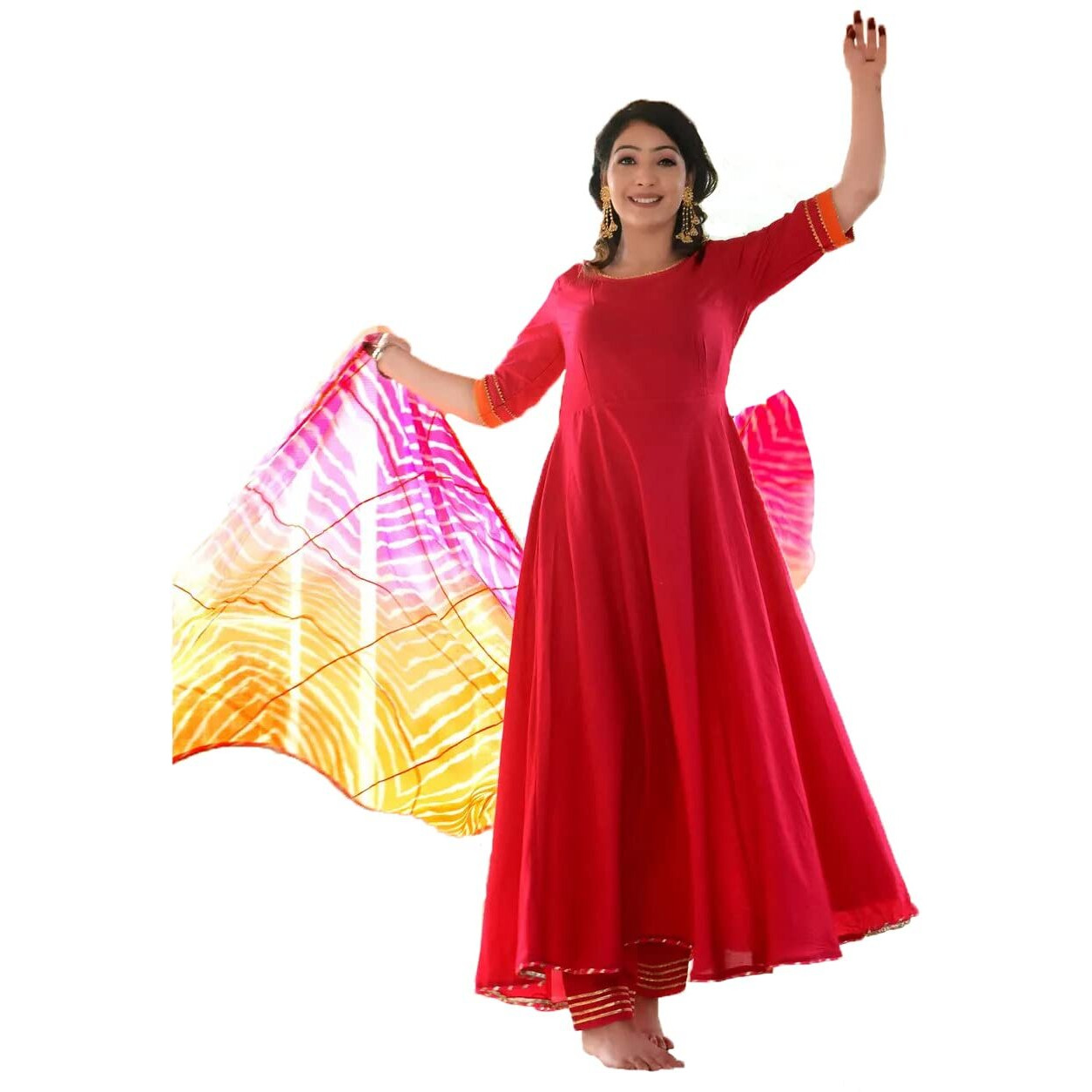 Gosriki Women's Cotton Blend Anarkali Solid Kurta With Pant & Dupatta (Rangin Pink_L-Go_Pink_Large)