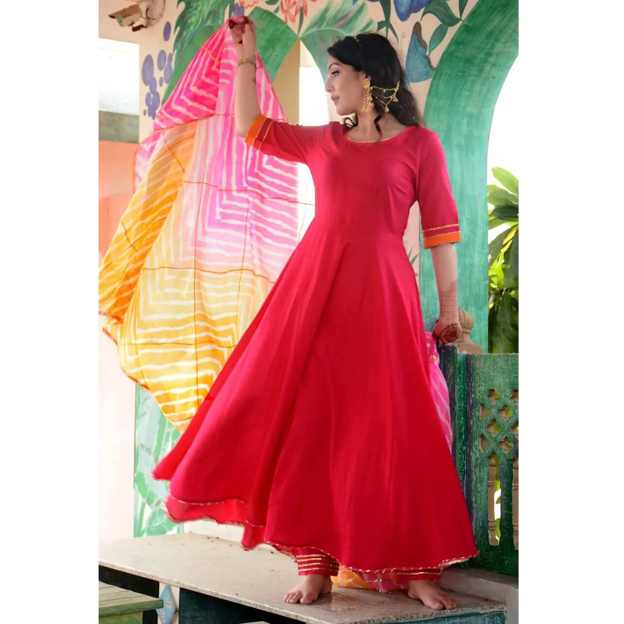Gosriki Women's Cotton Blend Anarkali Solid Kurta With Pant & Dupatta (Rangin Pink_L-Go_Pink_Large)