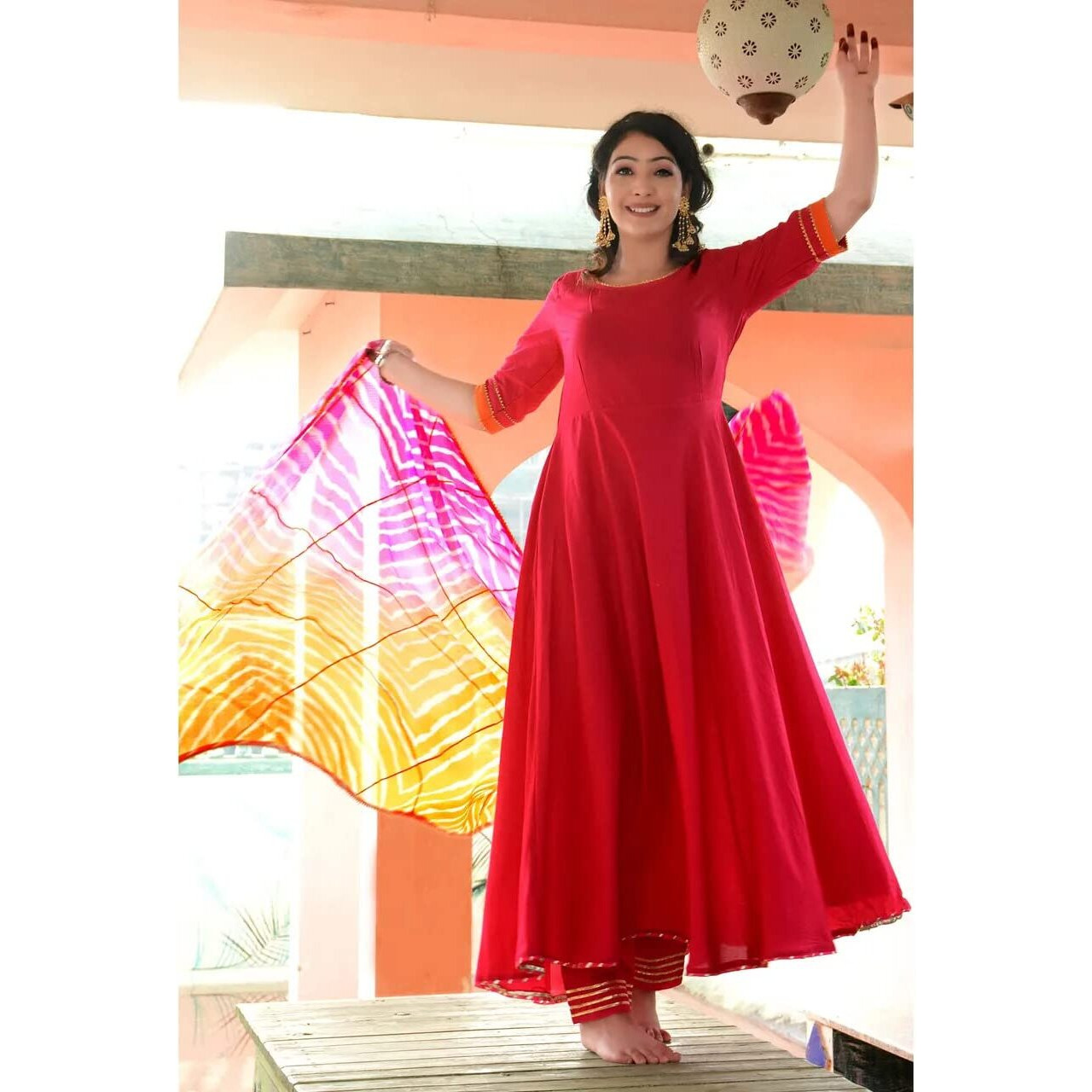 Gosriki Women's Cotton Blend Anarkali Solid Kurta With Pant & Dupatta (Rangin Pink_L-Go_Pink_Large)