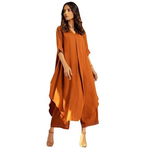 Gosriki Women's Rayon Viscose Solid A-Line Kurta With Palazzo (Dhruvika Rust-Gs_Xl_Rust_X-Large)