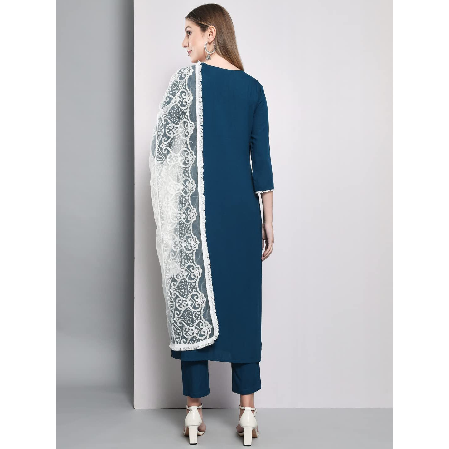 Gosriki Women's Cotton Blend Embroidered Straight Kurta With Pants & Dupatta (Asana-Cersoin_S-Gs_Dark Blue_Small)