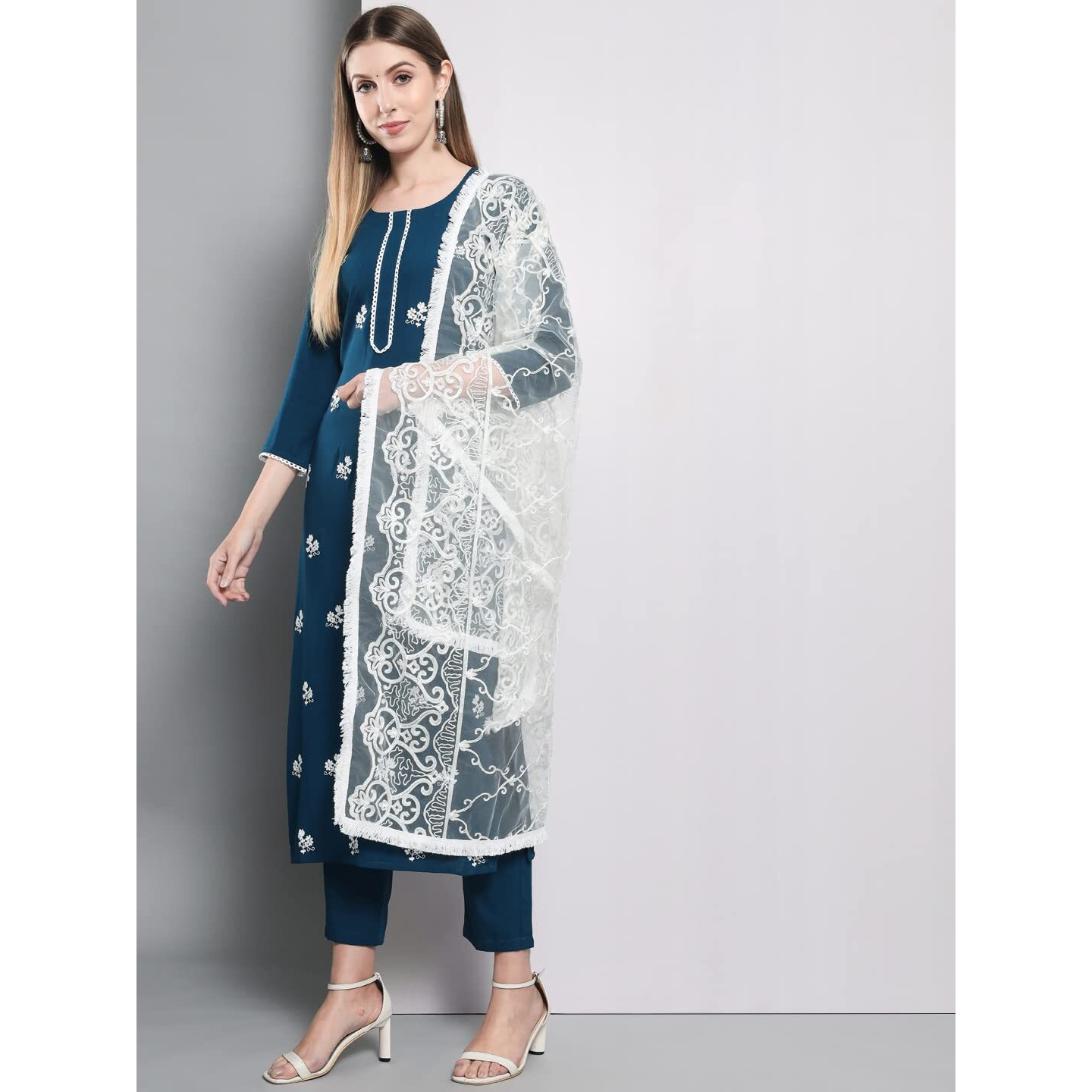 Gosriki Women's Cotton Blend Embroidered Straight Kurta With Pants & Dupatta (Asana-Cersoin_S-Gs_Dark Blue_Small)