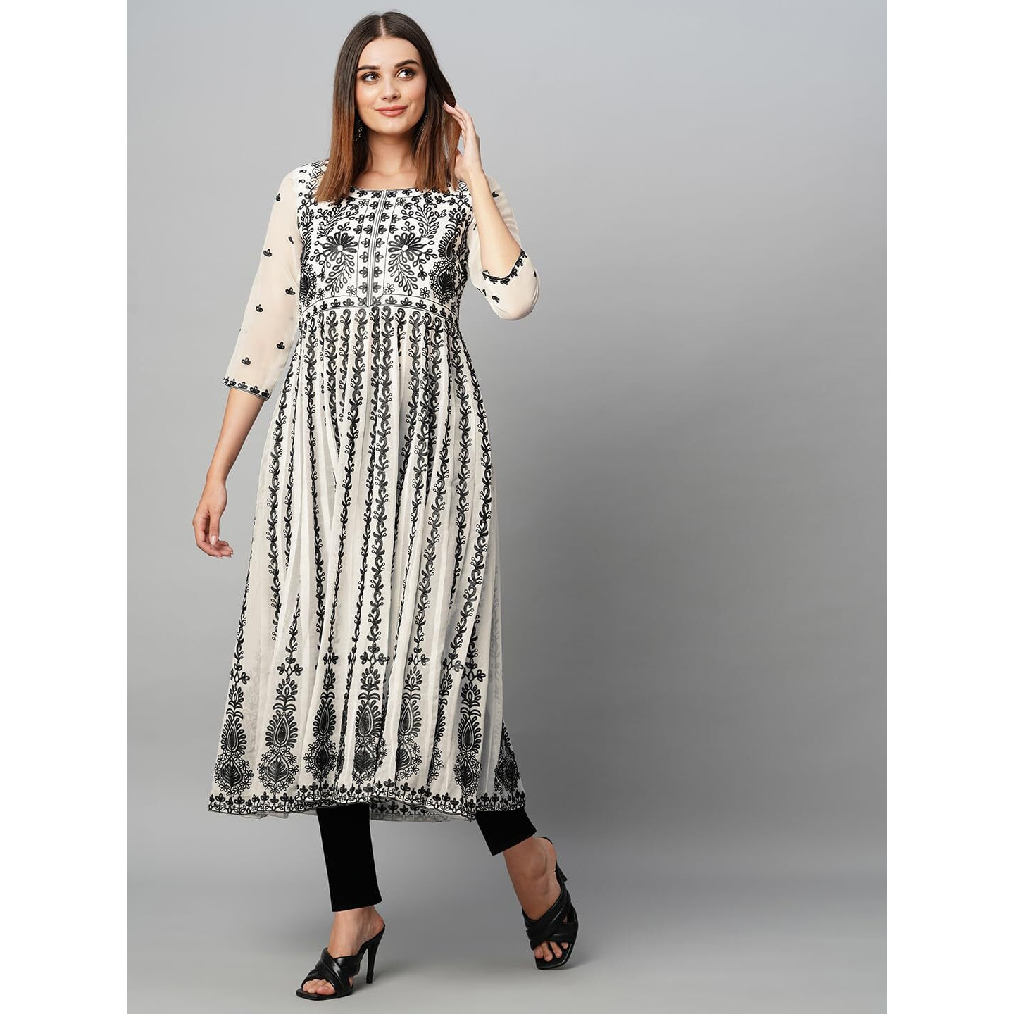 Gosriki Women's Cotton Blend Anarkali Chikankari Embroidered Kurti (Dori Kali White-Gs_L_White_Large)
