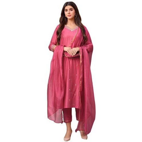 Gosriki Women's Rayon Viscose Straight Embroidered Kurta With Pant & Dupatta (Bagicha Rani-Vks02-Gs_Xl_Pink_X-Large)