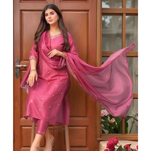 Gosriki Women's Rayon Viscose Straight Embroidered Kurta With Pant & Dupatta (Bagicha Rani-Vks02-Gs_Xl_Pink_X-Large)