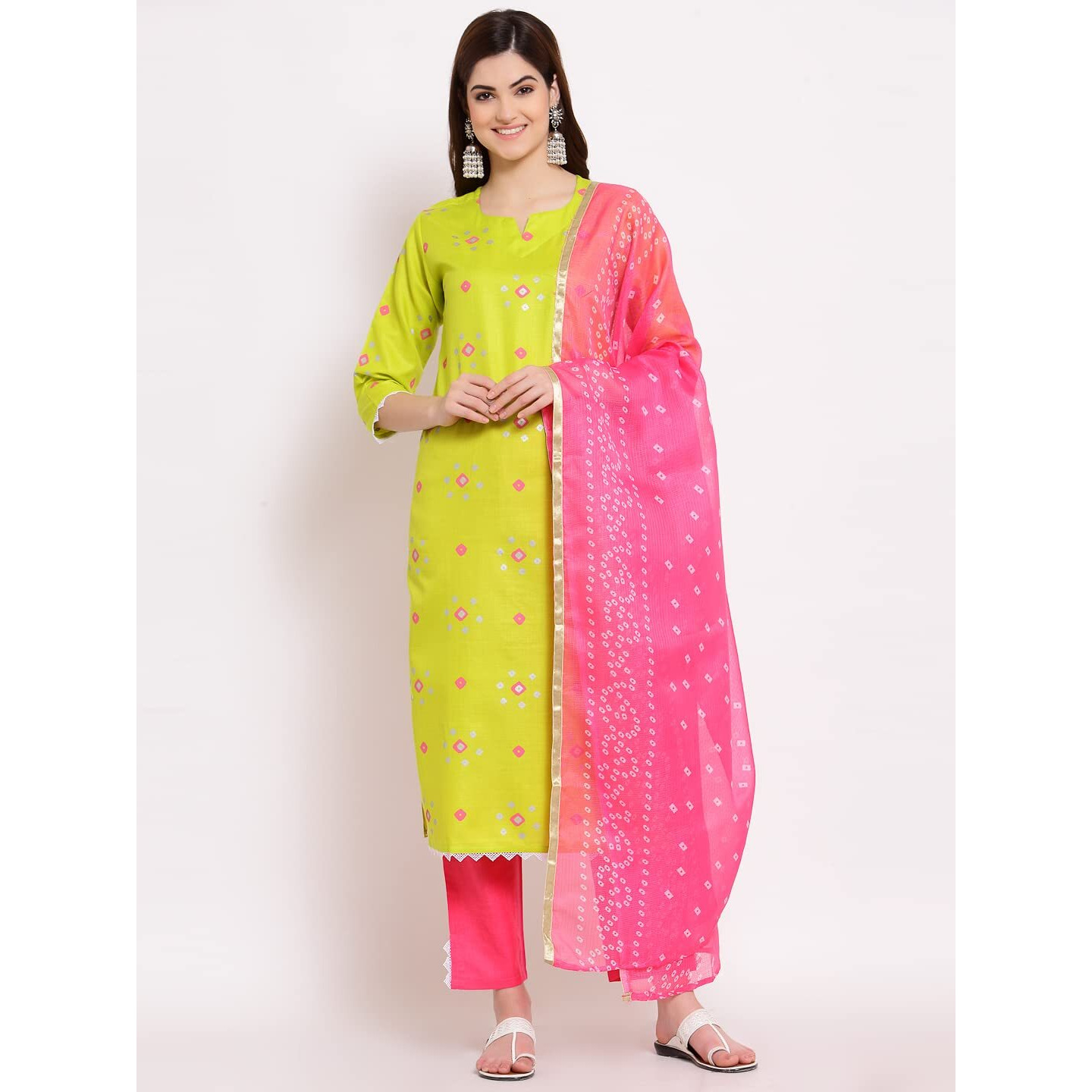 Gosriki Women's Cotton Straight Kurta With Pant & Dupatta (Kptd-Cot-10022-Light Green_S-Go_Light Green_Small)