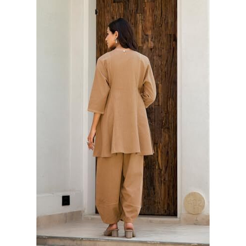 Gosriki Women's Rayon Viscose A-Line Solid Kurta With Pant (Banjara Beige-Gs_S_Beige_Small)