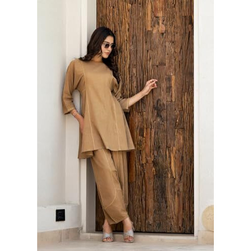 Gosriki Women's Rayon Viscose A-Line Solid Kurta With Pant (Banjara Beige-Gs_S_Beige_Small)