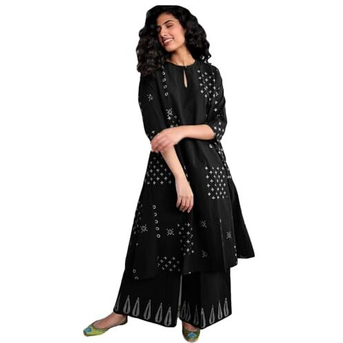 Gosriki Women's Rayon Viscose A-Line Printed Kurta With Palazzo (Chaurya Black-Gs_S_Black_Small)