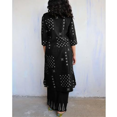 Gosriki Women's Rayon Viscose A-Line Printed Kurta With Palazzo (Chaurya Black-Gs_S_Black_Small)