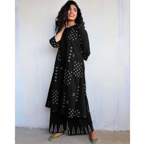 Gosriki Women's Rayon Viscose A-Line Printed Kurta With Palazzo (Chaurya Black-Gs_S_Black_Small)
