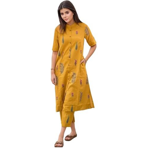 Gosriki Women's Rayon Viscose Printed A-Line Kurta With Pant (Barkat Yellow-Vks03-Gs_S_Yellow_Small)