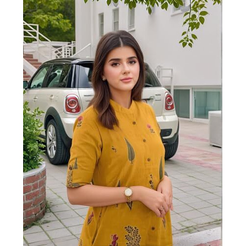 Gosriki Women's Rayon Viscose Printed A-Line Kurta With Pant (Barkat Yellow-Vks03-Gs_S_Yellow_Small)