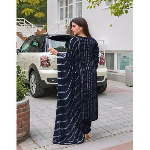 Gosriki Women's Rayon Viscose Straight Bandhej Printed Kurta With Pant & Dupatta (Baghira Grey-Vks02-Gs_L_Grey_Large)