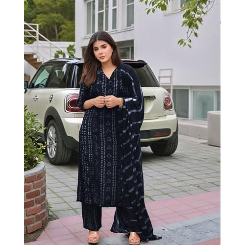 Gosriki Women's Rayon Viscose Straight Bandhej Printed Kurta With Pant & Dupatta (Baghira Grey-Vks02-Gs_L_Grey_Large)