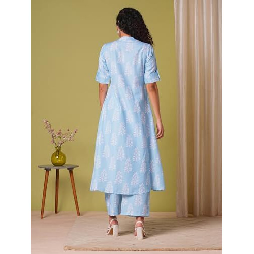 Gosriki Women's Rayon Viscose A-Line Printed Kurta With Pant (Kopek Sky-Vks03-Gs_S_Sky Blue_Small)