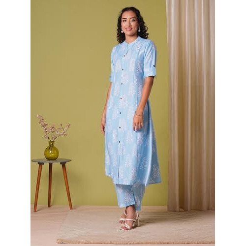 Gosriki Women's Rayon Viscose A-Line Printed Kurta With Pant (Kopek Sky-Vks03-Gs_S_Sky Blue_Small)