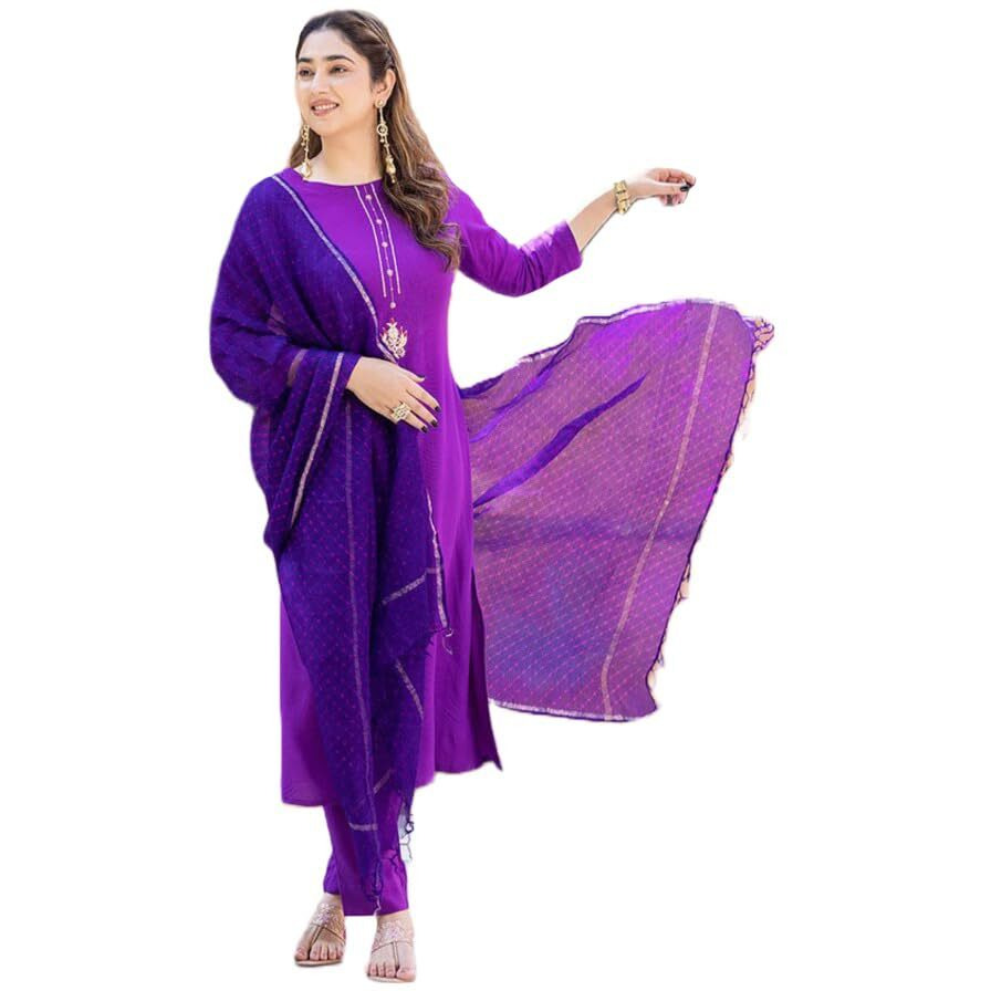 Gosriki Women's Cotton Blend Straight Solid Kurta With Pant & Dupatta (Marg Purple-Gs_M_Purple_Medium)