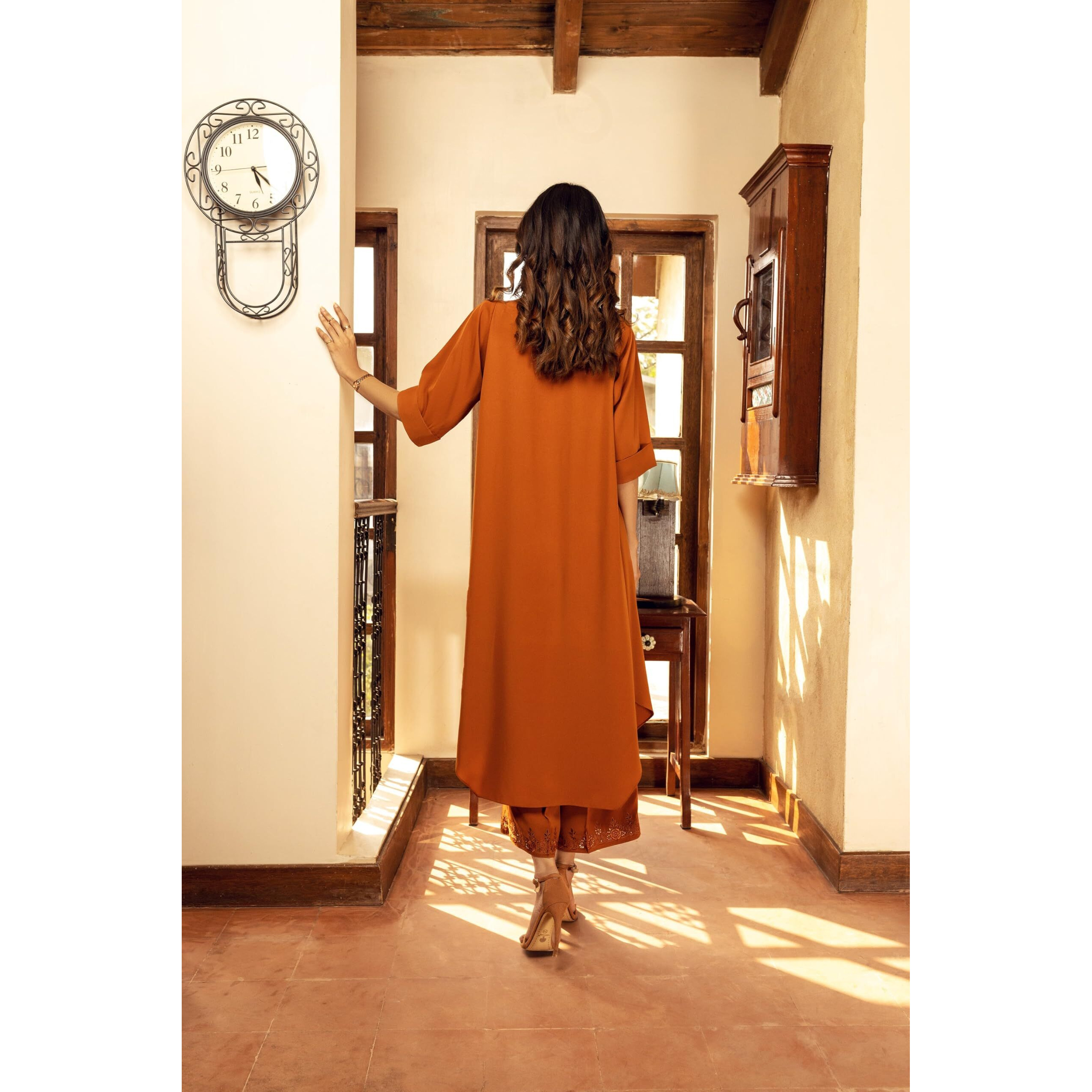 Gosriki Women's Rayon Viscose Solid A-Line Kurta With Palazzo (Dhruvika Rust-Gs_L_Rust_Large)