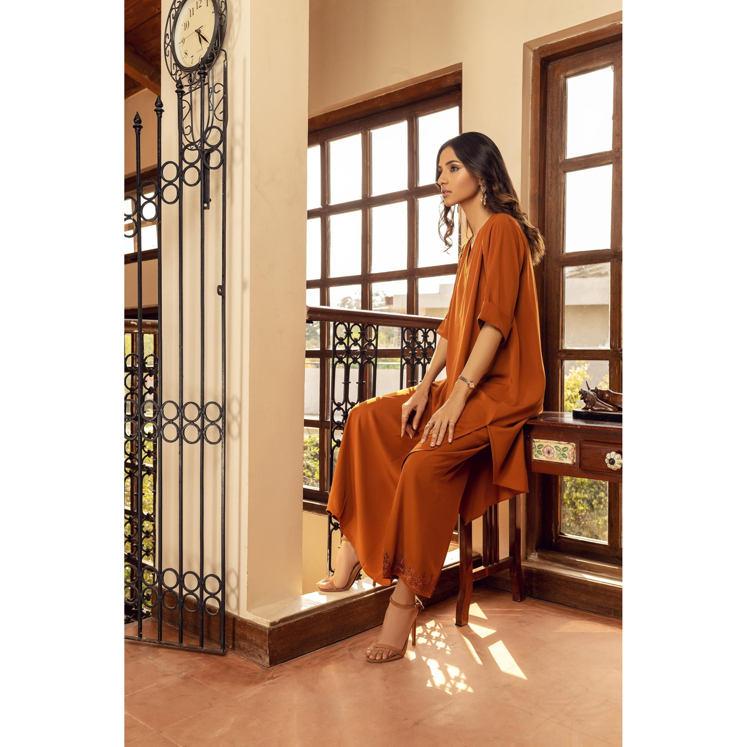 Gosriki Women's Rayon Viscose Solid A-Line Kurta With Palazzo (Dhruvika Rust-Gs_L_Rust_Large)