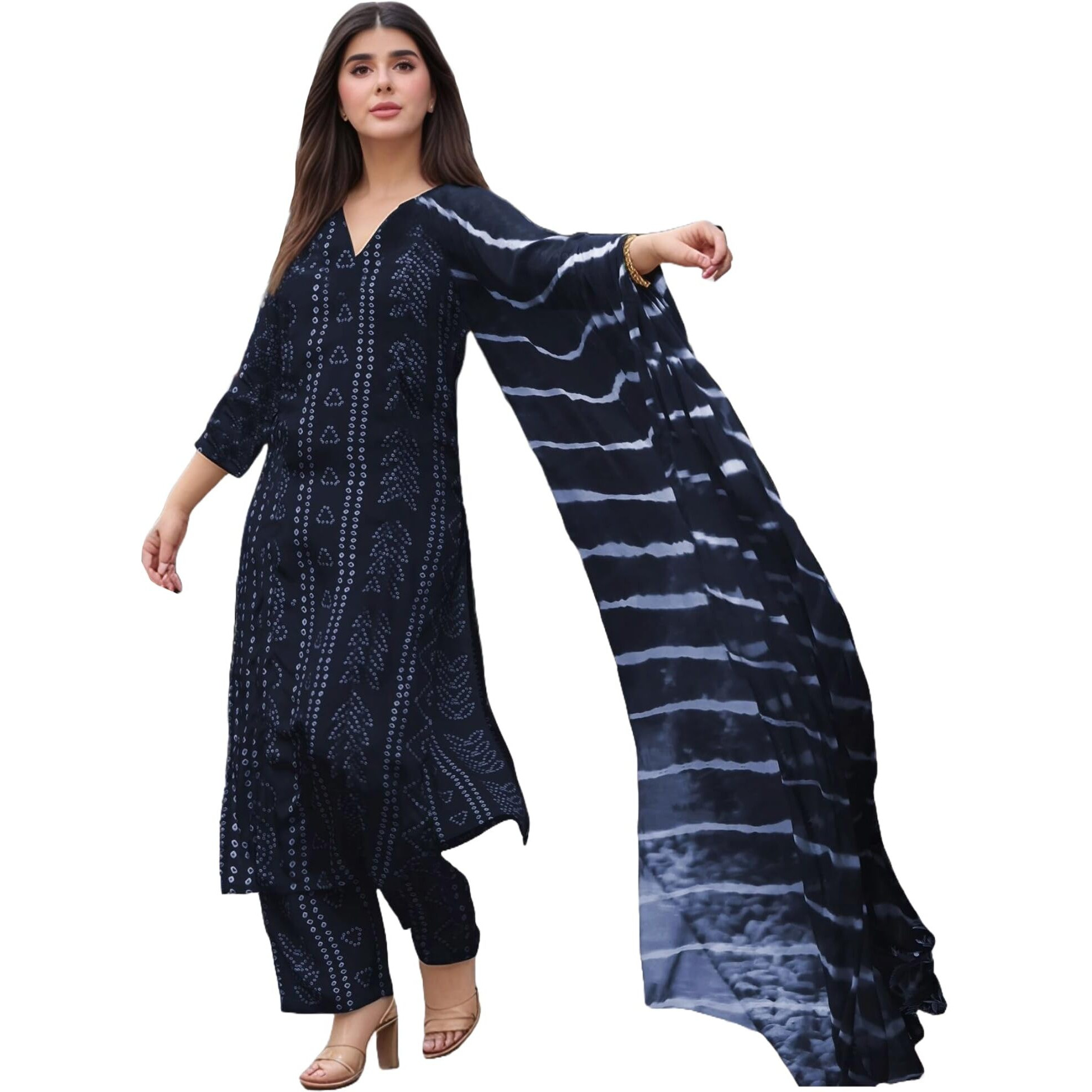 Gosriki Women's Rayon Viscose Straight Bandhej Printed Kurta With Pant & Dupatta (Baghira Grey-Vks05-Gs_Xxl_Grey_Xx-Large)