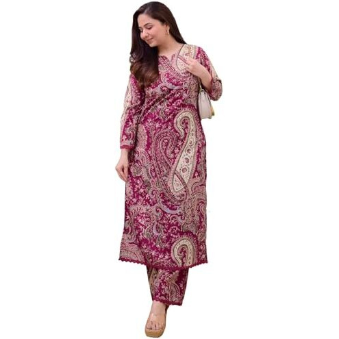 Gosriki Women's Rayon Viscose Straight Printed Kurta With Pant (Elevate Rani-Vks02-Gs_4Xl_Pink_Xxxx-Large)