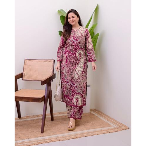Gosriki Women's Rayon Viscose Straight Printed Kurta With Pant (Elevate Rani-Vks02-Gs_4Xl_Pink_Xxxx-Large)