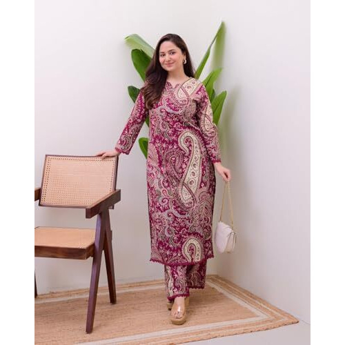 Gosriki Women's Rayon Viscose Straight Printed Kurta With Pant (Elevate Rani-Vks02-Gs_4Xl_Pink_Xxxx-Large)