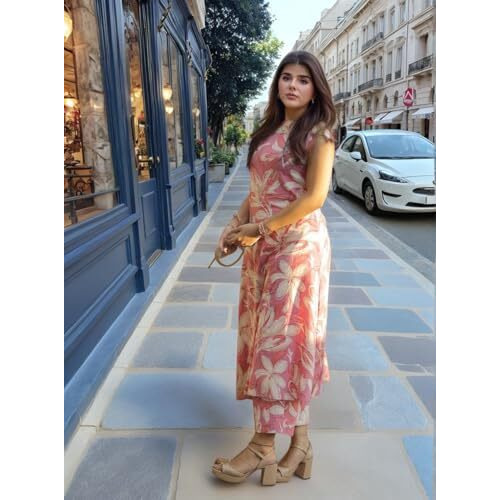 Gosriki Women's Rayon Viscose Printed Straight Kurta With Palazzo (Vcm Pink-Vks02-Gs_Xl_Pink_X-Large)