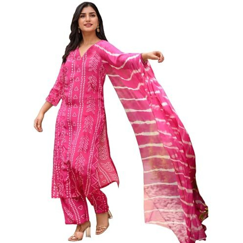 Gosriki Women's Rayon Viscose Straight Bandhej Printed Kurta With Pant & Dupatta (Baghira Pink-Vks02-Gs_L_Pink_Large)