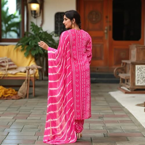 Gosriki Women's Rayon Viscose Straight Bandhej Printed Kurta With Pant & Dupatta (Baghira Pink-Vks02-Gs_L_Pink_Large)